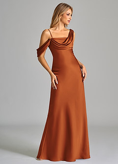 Azazie Celina Bridesmaid Dresses Cinnamon Sheath Off the Shoulder Stretch Satin Dress image5