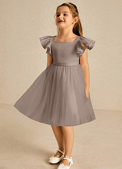 Azazie Kaeya Flower Girl Dresses Taupe A-Line Bow Tulle Dress image4