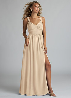 Azazie Aziza Bridesmaid Dresses Champagne A-Line V-Neck Pleated Chiffon Dress image1