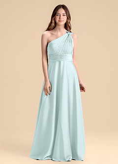 Azazie Charlize Junior Sea Glass A-Line Pleated Stretch Satin Dress image1
