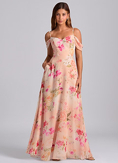 Azazie Marley 신부 들러리 드레스 A라인 오프 더 숄더 쉬폰 바닥 길이 드레스 image1