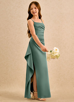 Azazie Cannoli Girls Formal vestidos de niña de las flores Vestido de Eucalipto de Satén Elástico de Corte en A con Plisado image5