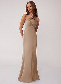 Barbie ♥ Azazie Bridesmaid Dresses Taupe Sheath Stretch Satin Dress image4