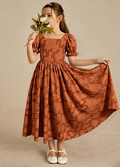 Azazie Joss Flower Girl Dresses Burnt Orange A-Line with Sleeves Floral Burnout Dress image1