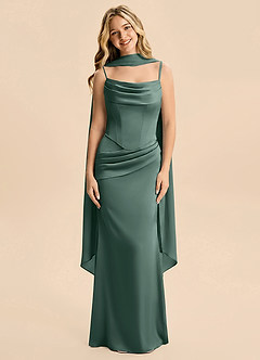Azazie Sorrel Junior Sea Moss Mermaid Ruched Stretch Satin Dress image3