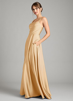 Azazie Shaude Vestidos de damas de honor Vestido de Oro de Satén Elástico de Corte en A con Plisado image10