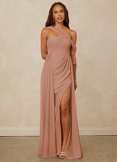 Christian Siriano Bridal for Azazie 1014 Bridesmaid Dresses Champagne Rose A-Line Off the Shoulder Chiffon Dress image1