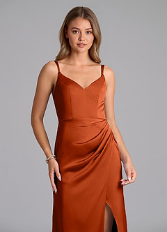 Azazie Leo Final Sale Paprika Sheath Pleated Stretch Satin Dress image3