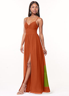 Azazie Zeya Robes de demoiselle d'honneur Robe Trapèze en Mousseline de soie Col V plissé Orange Brûlée image4