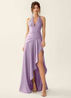 Titania Frosted Lilac Satin V-neck Ruffled Prom Dress image3