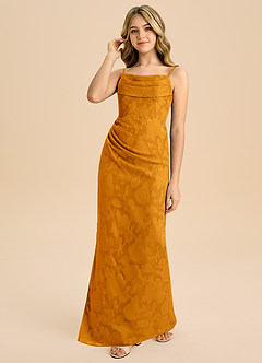 Azazie Mai Junior Butterscotch Sheath Pleated Floral Burnout Dress image6