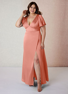Azazie Lani Bridesmaid Dresses Coral A-Line Flounce Sleeve Stretch Satin Dress image7