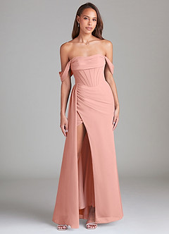 Azazie Amyra Bridesmaid Dresses Rosette Sheath Off the Shoulder Chiffon Convertible Dress image1