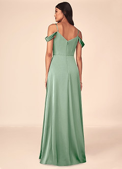 Azazie Ocean Bridesmaid Dresses Agave A-Line V-Neck Pleated Stretch Satin Dress image2