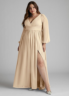 Azazie Norah At-home Try On Dresses Champagne A-Line V-Neck Long Sleeve Chiffon Dress image6