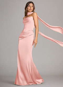 Azazie Sorrel Bridesmaid Dresses Powder Pink Mermaid Strapless Stretch Satin Convertible Dress image4