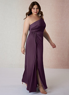 Azazie Mika Bridesmaid Dresses Plum Sheath One Shoulder Stretch Satin Dress image10