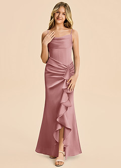 Azazie Rosalia Junior Dusty Rose Sheath Pleated Stretch Satin Dress image5