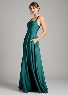 Azazie Shaude Bridesmaid Dresses Peacock A-Line Pleated Stretch Satin Dress image4