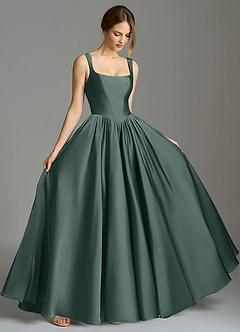 Azazie Verina At-home Try On Dresses Dusty Blue A-Line Pleated Stretch Satin Dress image5