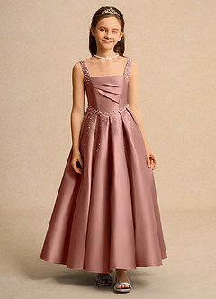 Azazie Mochi Girl Jurken voor bloemenmeisjes Baljurk Jurk van Mat Satijn Geplooid Ceder Roos image1