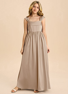 Azazie Hattie Junior Abito A-Line in Raso Elasticizzato Plissettato Taupe image8