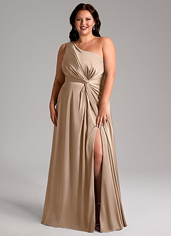 Azazie Brooke Bridesmaid Dresses Taupe A-Line One Shoulder Stretch Satin Dress image8