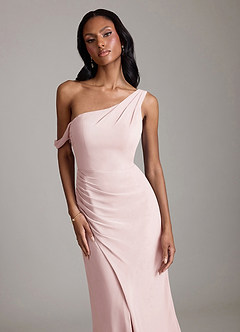 Azazie Madelyn Bridesmaid Dresses Blushing Pink Mermaid One Shoulder Chiffon Convertible Dress image4