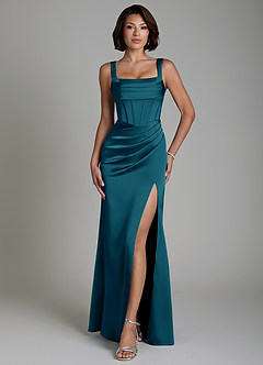 Azazie Amora Vestidos de damas de honor Vestido Azul Tinta de Satén Elástico de Corte Sirena con Corsé image1