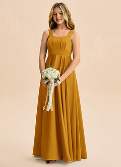 Azazie Gabby Junior Robe Trapèze en Satin extensible Plissée Caramel écossais image3