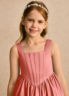 Azazie Myla Robe Demoiselle D'honneur Fillette Robe Trapèze en Mat Satiné Plissé Rose Saumon image6