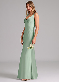 Azazie Kamila Bridesmaid Dresses Agave A-Line Pleated Stretch Satin Dress image6