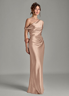 Azazie Emerson Bridesmaid Dresses Taupe Mermaid Off the Shoulder Metallic Satin Dress image5