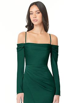 Azazie Hallie Bridesmaid Dresses Emerald Sheath Off-The-Shoulder Long Sleeve Stretch Satin Convertible Dress image2