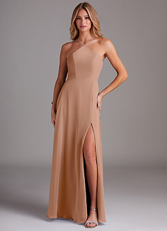 Azazie Bailey Bridesmaid Dresses Champagne Rose A-Line Halter Side Slit Chiffon Dress image1
