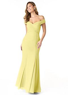 Azazie Lecia Bridesmaid Dresses Lemon Sorbet Empire Off-The-Shoulder Pleated Chiffon Convertible Dress image1