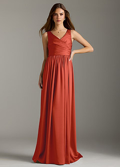 Azazie Keyla Bridesmaid Dresses Rust A-Line Pleated Stretch Satin Dress image3