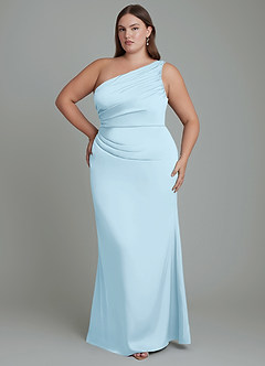Azazie Akilah At-home Try On Dresses Sky Blue Mermaid One Shoulder Stretch Satin Dress image8