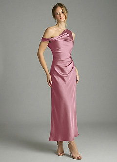 Azazie Emerson Robes de demoiselle d'honneur Robe Sirène en Satin extensible Épaule décolletée Mauve Vintage image3