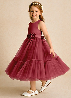 Azazie Miracle Flower Girl Dresses Pomegranate A-Line Bow Matte Satin Dress image3