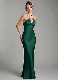 Azazie Camille Bridesmaid Dresses Emerald Sheath Side Slit Stretch Satin Dress image3