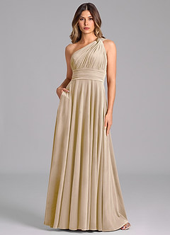 Azazie Charlize Bridesmaid Dresses Champagne A-Line One Shoulder Velvet Dress image1