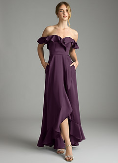Azazie Lyra Bridesmaid Dresses Plum A-Line Off the Shoulder Stretch Satin Convertible Dress image6