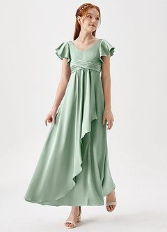 Azazie Omari Junior Robe Trapèze en Satin extensible Plissée Agave image1
