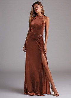 Azazie Larice Bridesmaid Dresses Terracotta A-Line with Pockets Velvet Dress image4