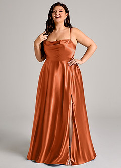 Azazie Elle Bridesmaid Dresses Burnt Orange A-Line with Pockets Metallic Satin Dress image9