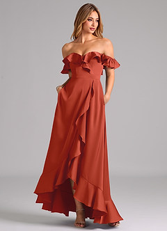Azazie Lyra Bridesmaid Dresses Rust A-Line Off the Shoulder Stretch Satin Convertible Dress image3