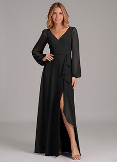 Azazie Simone At-home Try On Dresses Black A-Line Long Sleeve Chiffon Dress image1