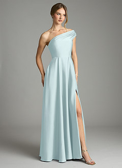 Azazie Melanie 신부 들러리 드레스 A라인 오프 더 숄더 스트레치 새틴 바닥 길이 드레스 image5