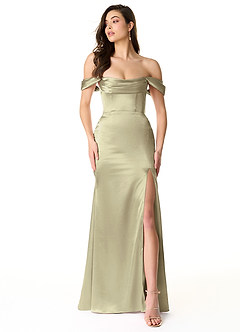 Azazie Liv At-home Try On Dresses Auburn Sheath Off the Shoulder Metallic Satin Convertible Dress image1